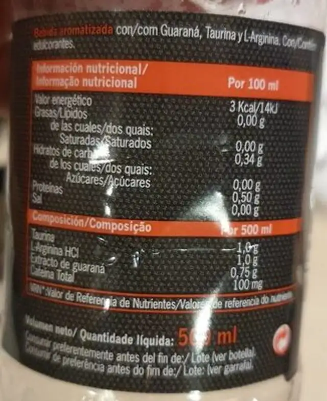 StimulRED zero nutrition facts table