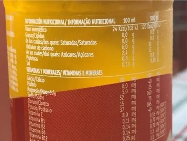 Sport drink nutrition facts table