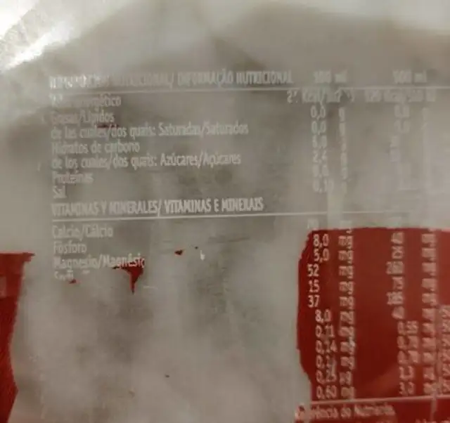 Bebida isotónica nutrition facts table