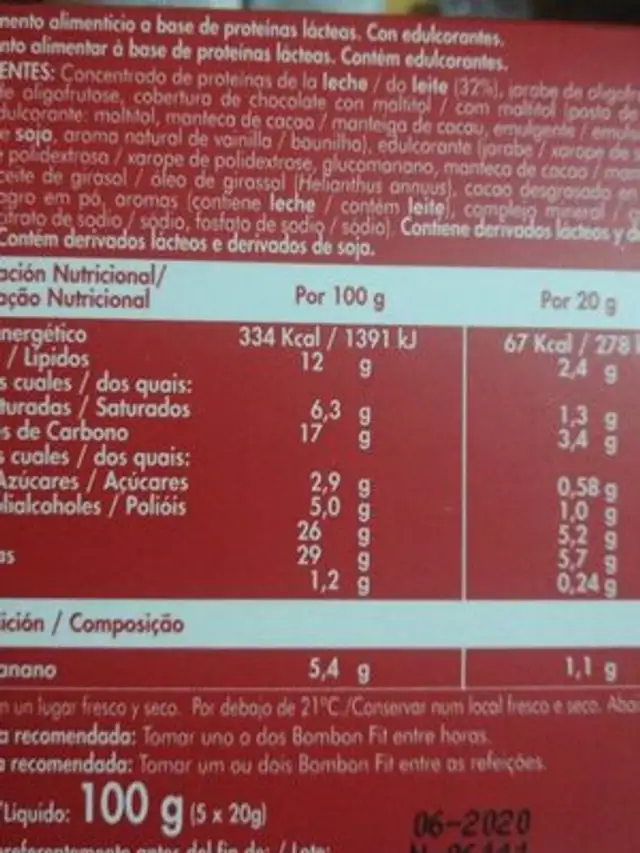 Bombón fit nutrition facts table