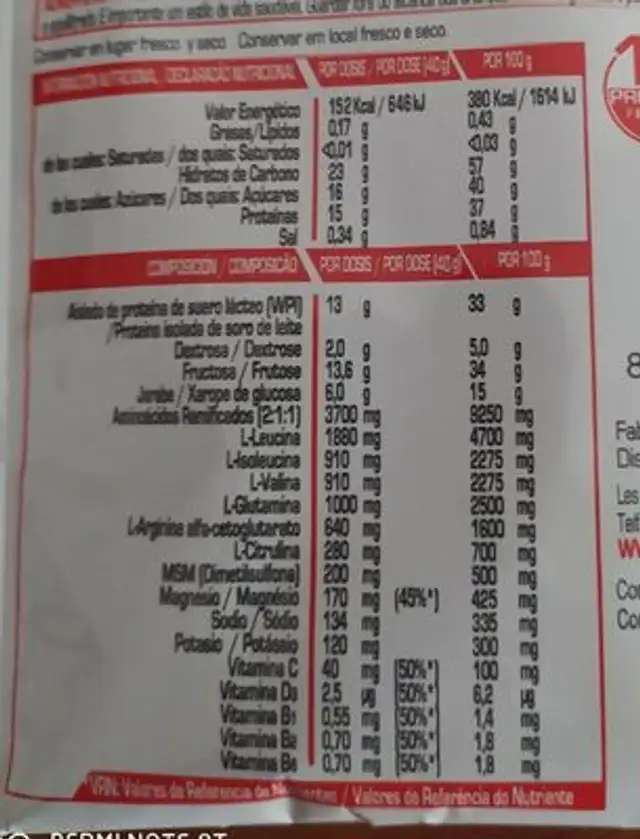 Artesa Nutril Recovery nutrition facts table