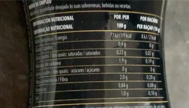 Sirope choco-brownie nutrition facts table