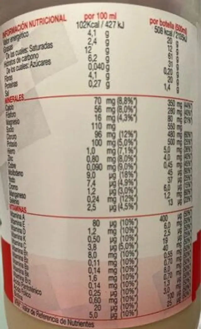 Mega Power 500 nutrition facts table