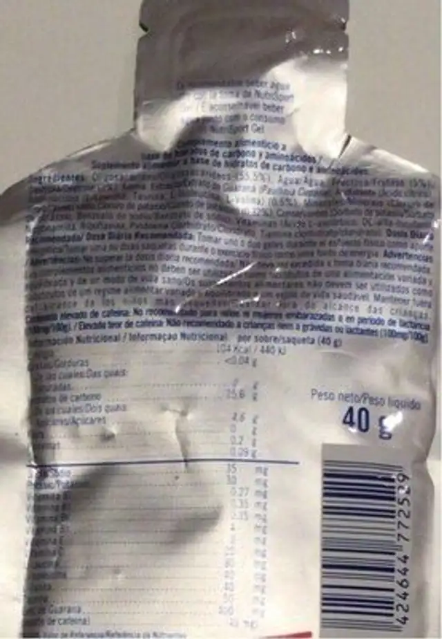 Gel sport nutrition facts table