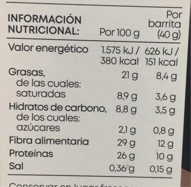 Keto barrita cacao & avellana nutrition facts table
