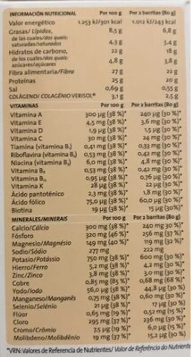 Barritas sabor caramelo con toque de Sal nutrition facts table