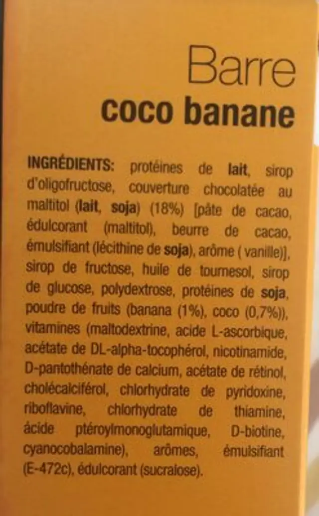 Barre coco banane ingredients label