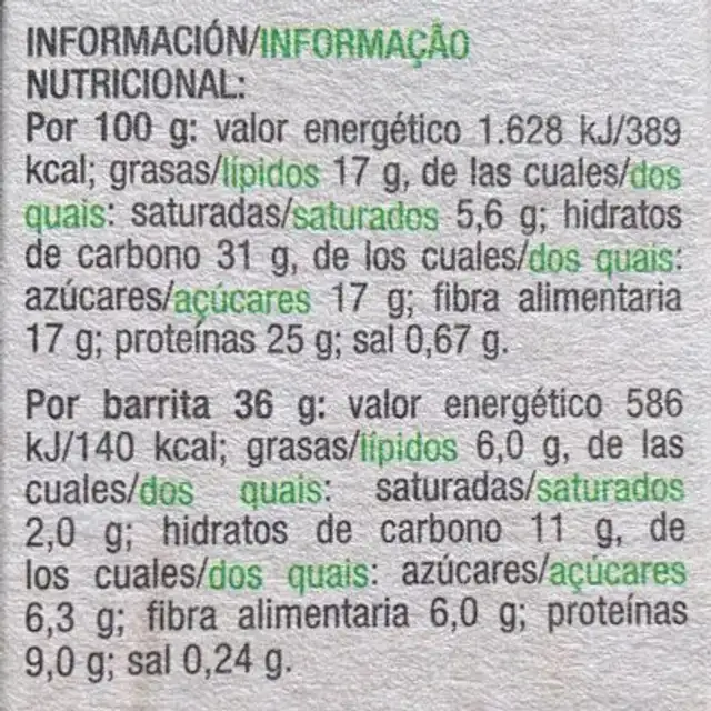 Barrita de Cacao y Chia nutrition facts table