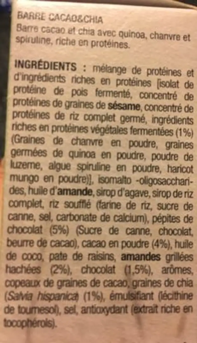 Siken Form Barres Cacao Et Chia 4 Barres ingredients label