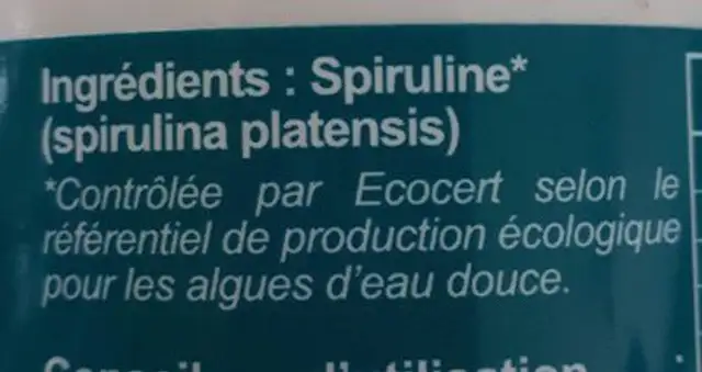 Spiruline Ecocert Immunité Fatigue 500MG ingredients label