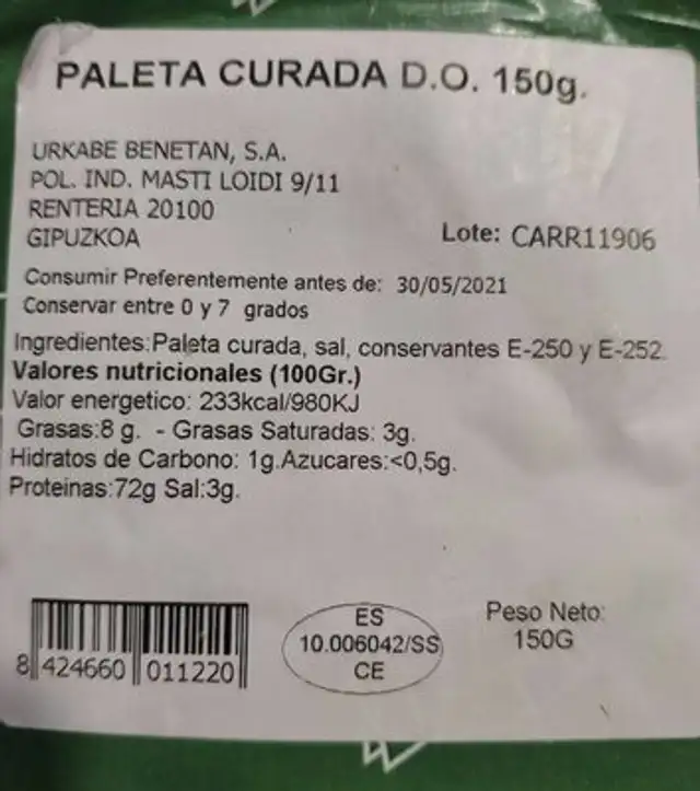 Paleta Ccurada D.O. nutrition facts table