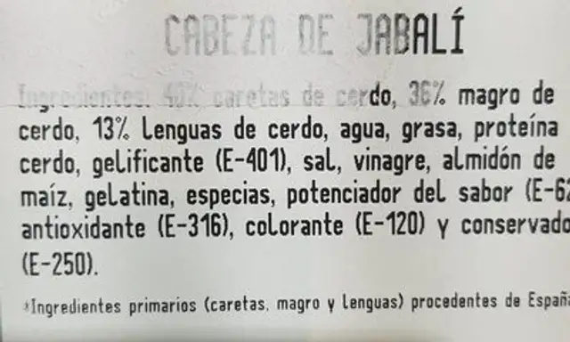 Cabeza de jabali nutrition facts table