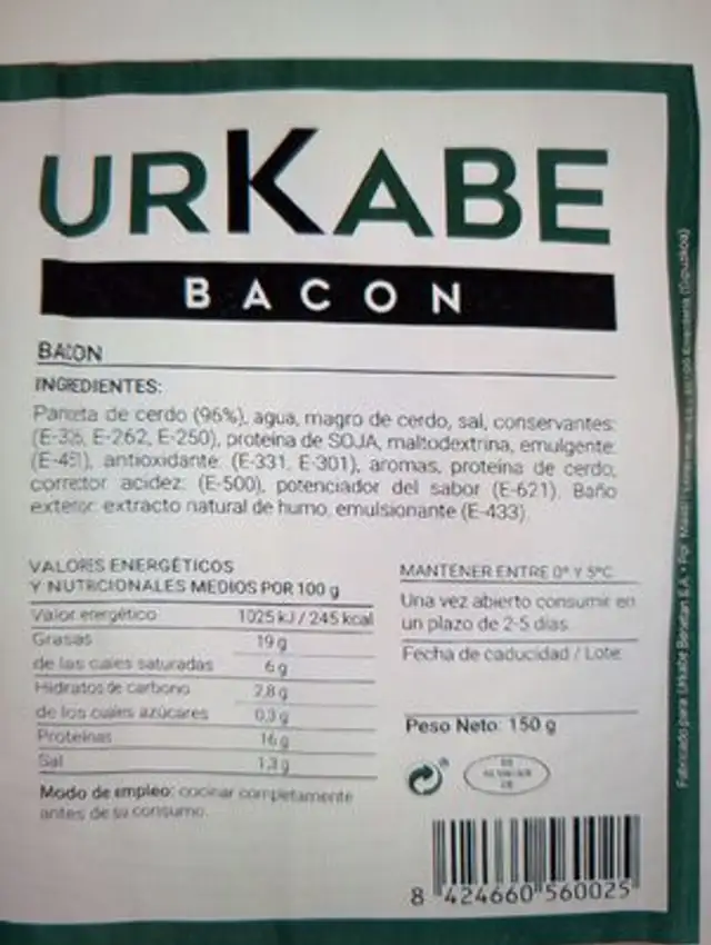 Bacon Urkabe ingredients label