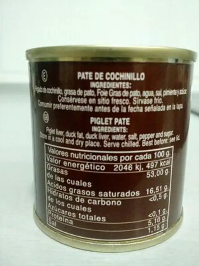 Paté de Cochinillo ingredients label