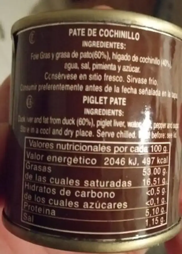 Paté de Cochinillo nutrition facts table