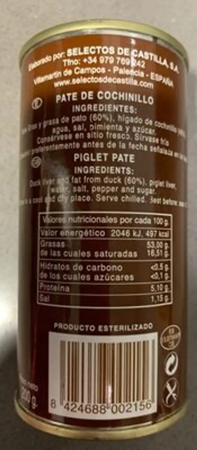 Pate de cochinillo nutrition facts table