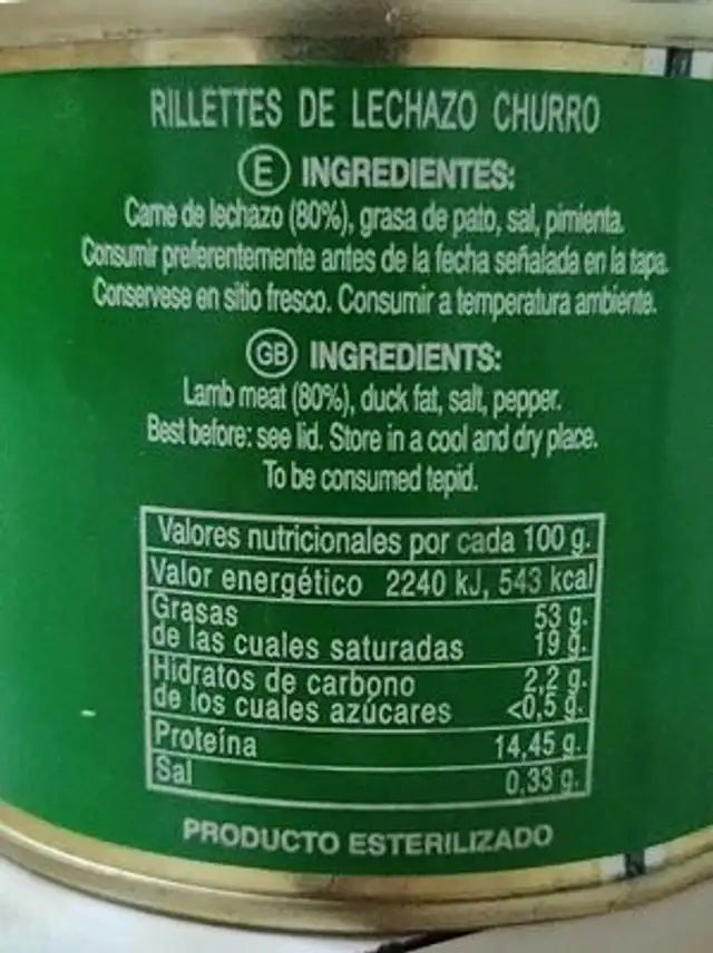 Rilletes de Lechazo churro nutrition facts table