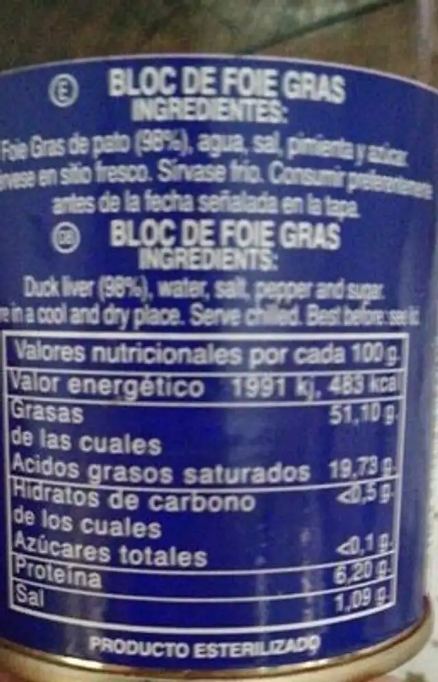 Block de foie gras nutrition facts table