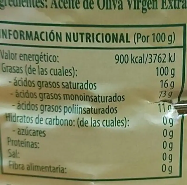 Aceite de Oliva virgen extra nutrition facts table