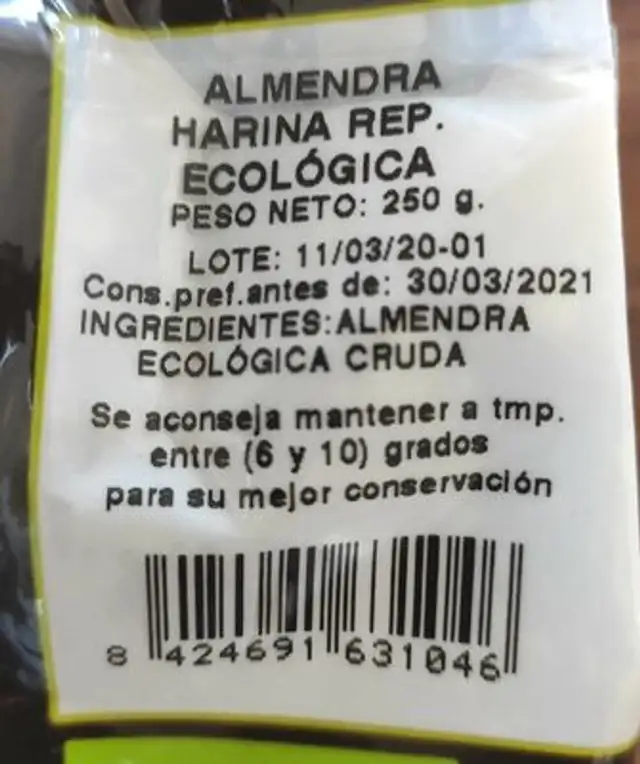 Harina de almendras ecológica nutrition facts table