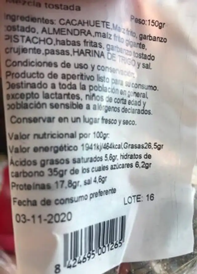 Mezcla tostada nutrition facts table