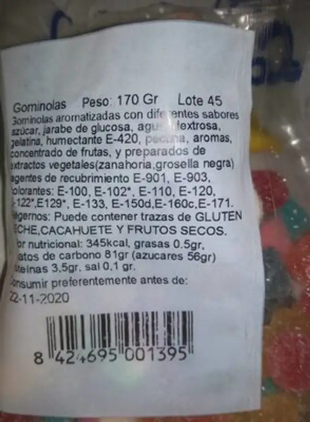 Gominolas nutrition facts table