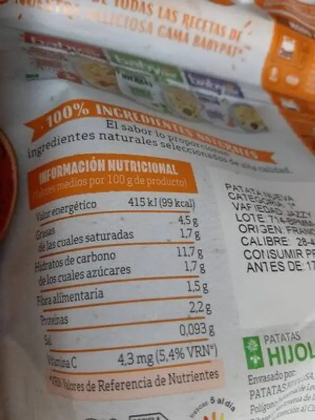 Babypat nutrition facts table