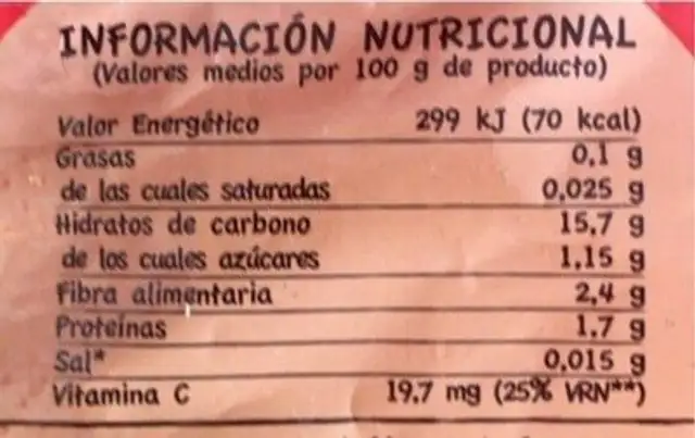 Val de picones nutrition facts table