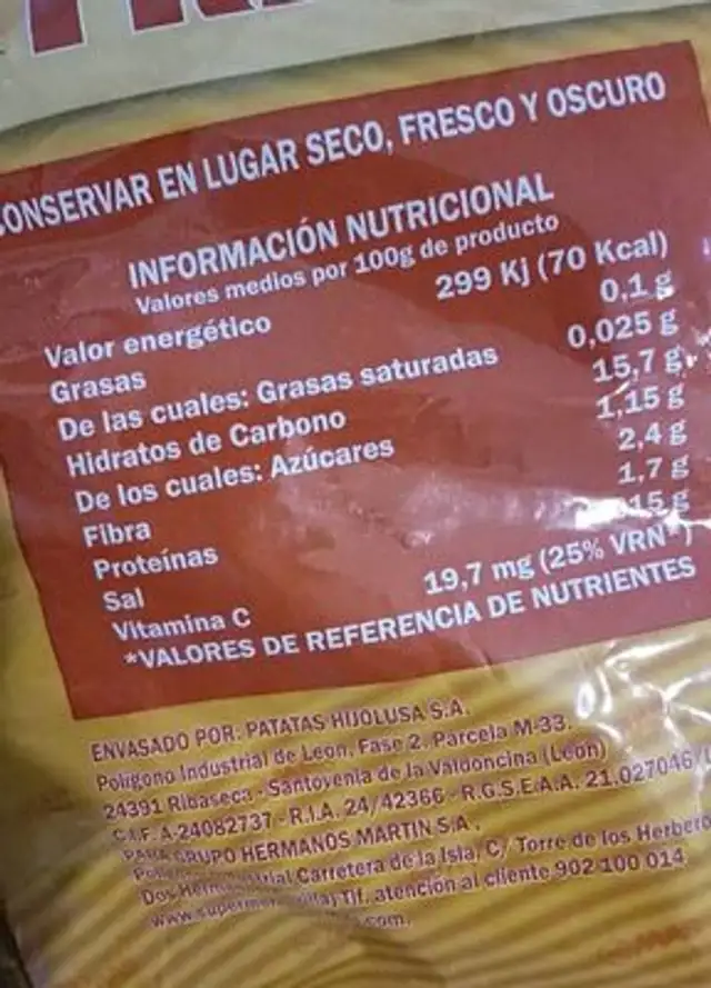 Patata especial freir nutrition facts table