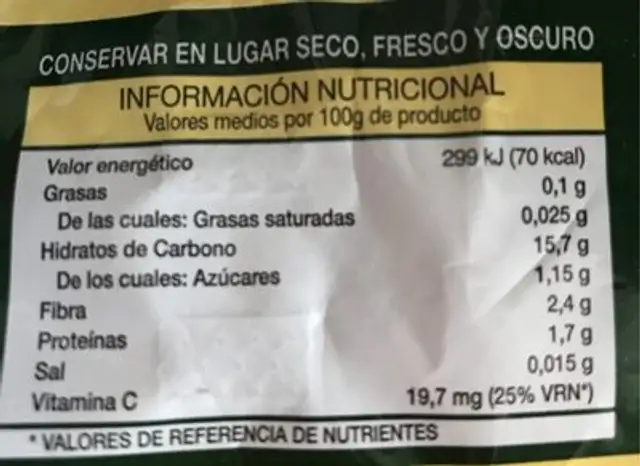 Patatas nutrition facts table