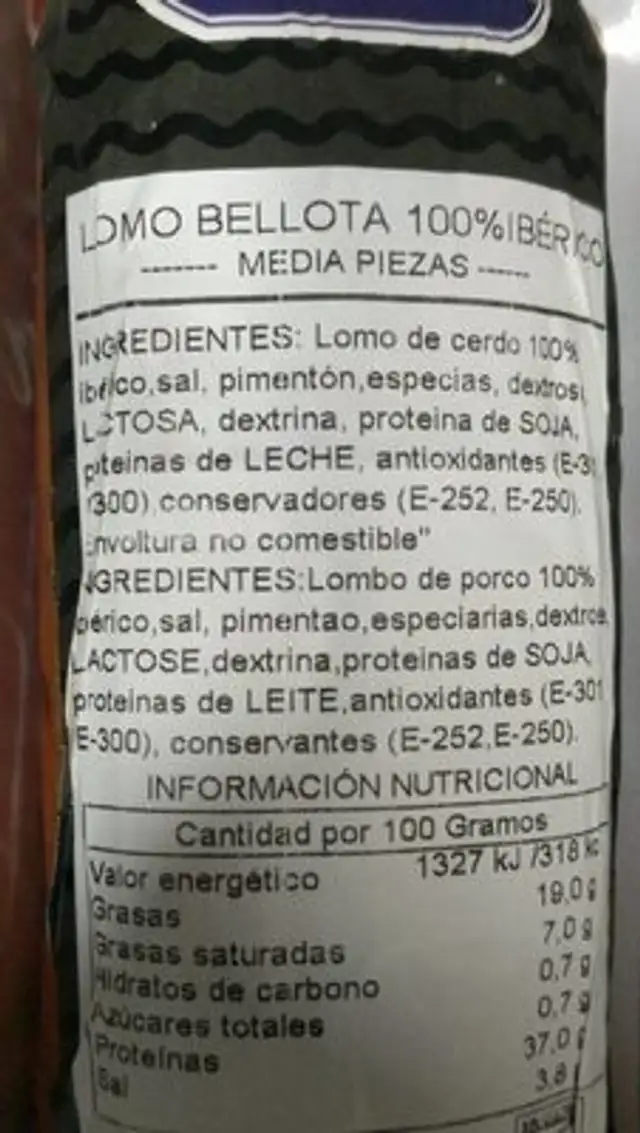 Lomo de bellota 100% iberico nutrition facts table