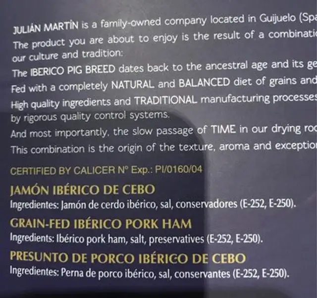 Jamon iberico de ceno ingredients label