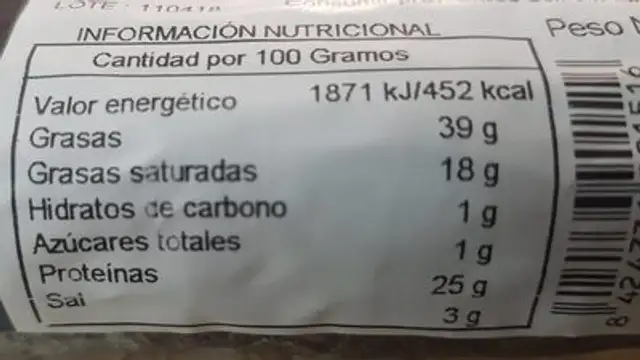 Chorizo ibérico Extra nutrition facts table