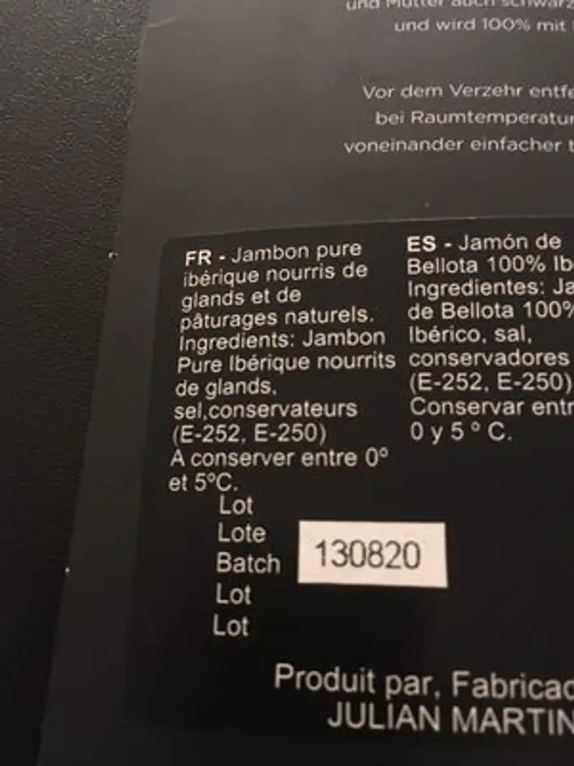 Jambon ibérique puro de bellota ingredients label