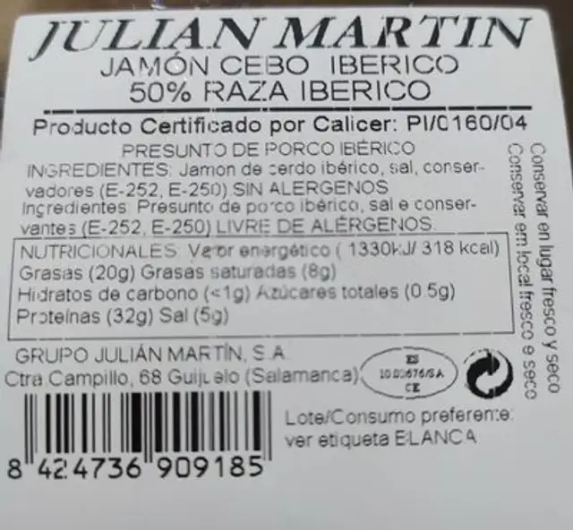 Jamón Cebo Ibérico 50% raza iberico nutrition facts table