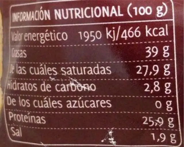Queso de cabra curado untado con pimentón elaborado nutrition facts table