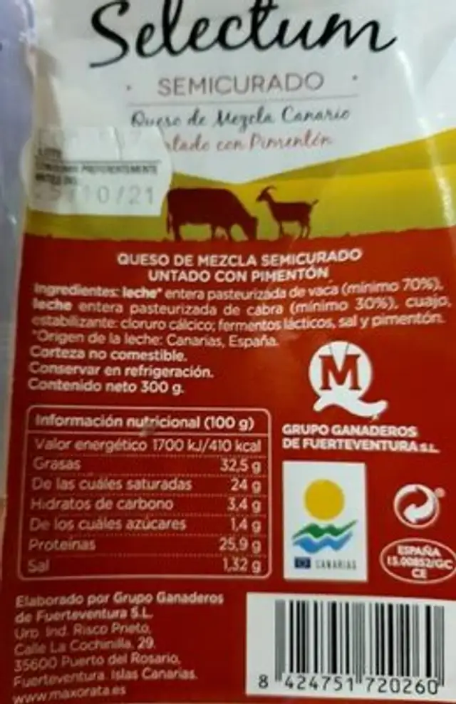 Selectum Queso Semicurado nutrition facts table
