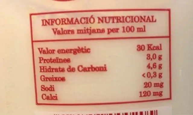 Leche Desnatada nutrition facts table