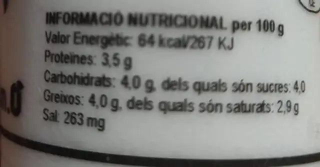 Quefir nutrition facts table