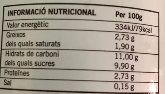 Batut de cacau pasteuritzat nutrition facts table