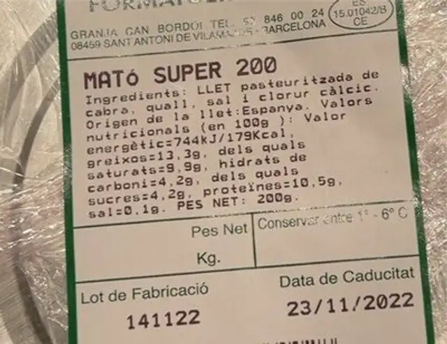 Mató de cabra nutrition facts table