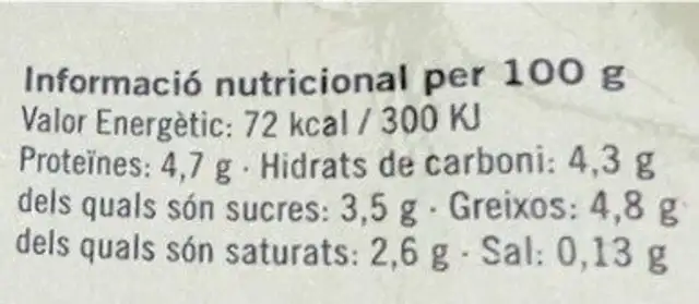 Iogur de cabra nutrition facts table