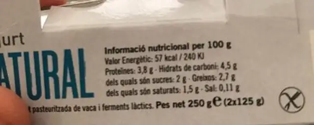 Yogurt Natural nutrition facts table
