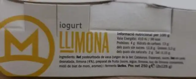 Iogurt Llimona nutrition facts table
