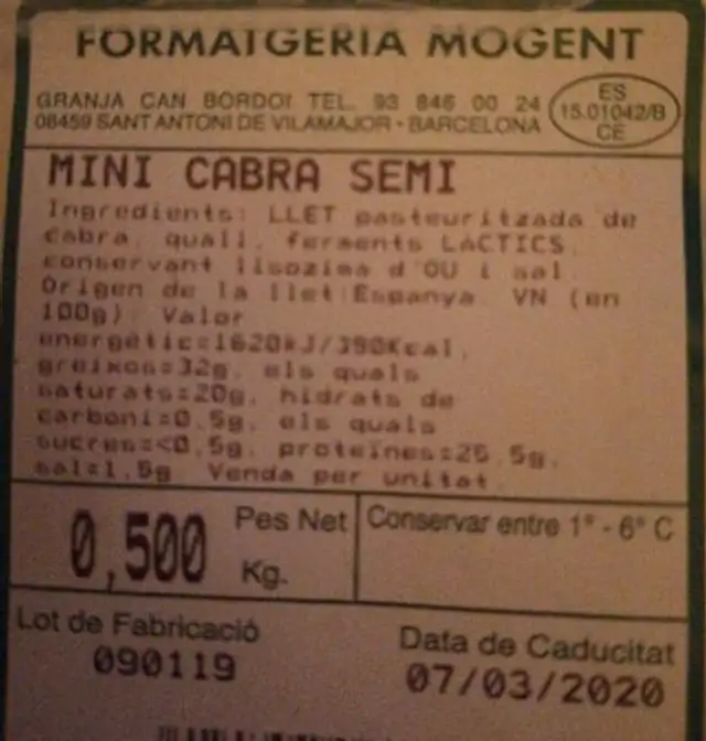 Cabra SEMI nutrition facts table
