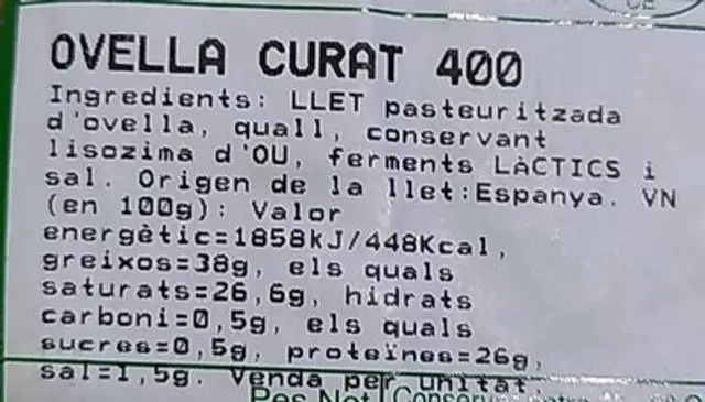Formatge d'ovella curat nutrition facts table