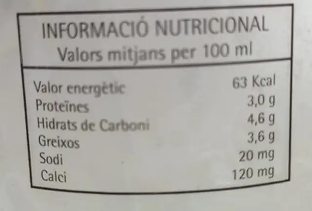 Llet Fresca nutrition facts table