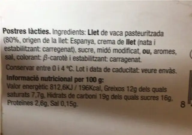 Crema catalana nutrition facts table