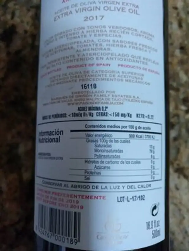Aceite de oliva virgen extra nutrition facts table