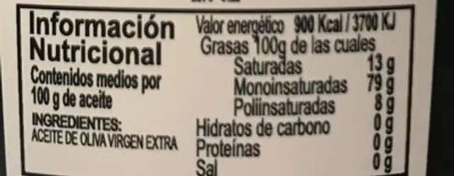 Aceite de omiva virgen extra nutrition facts table